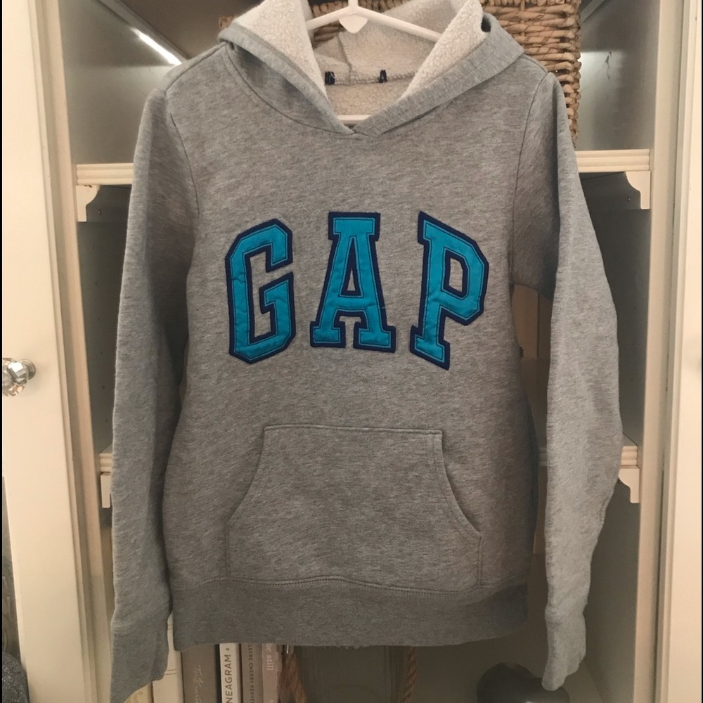 GAP Kids hoodie, gray with teal blue lettering, 77% cotton, 23% polyester
